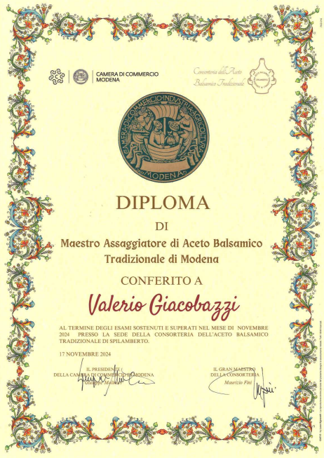 DIPLOМА di Maestro Assaggiatore di Aceto Balsamico Tradizionale di Modena CONFERITO A Valerio Giacobazzi